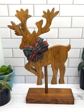 Rustic Wooden Reindeer Decoration With Plaid Bow Freestanding Décor Piece